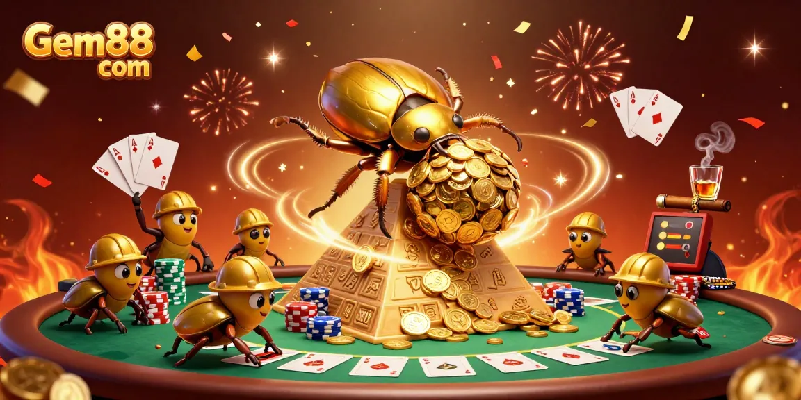 Experience the thrill at Gem88 com as a golden beetle rolls coins, symbolizing jackpot dreams and casino excitement.