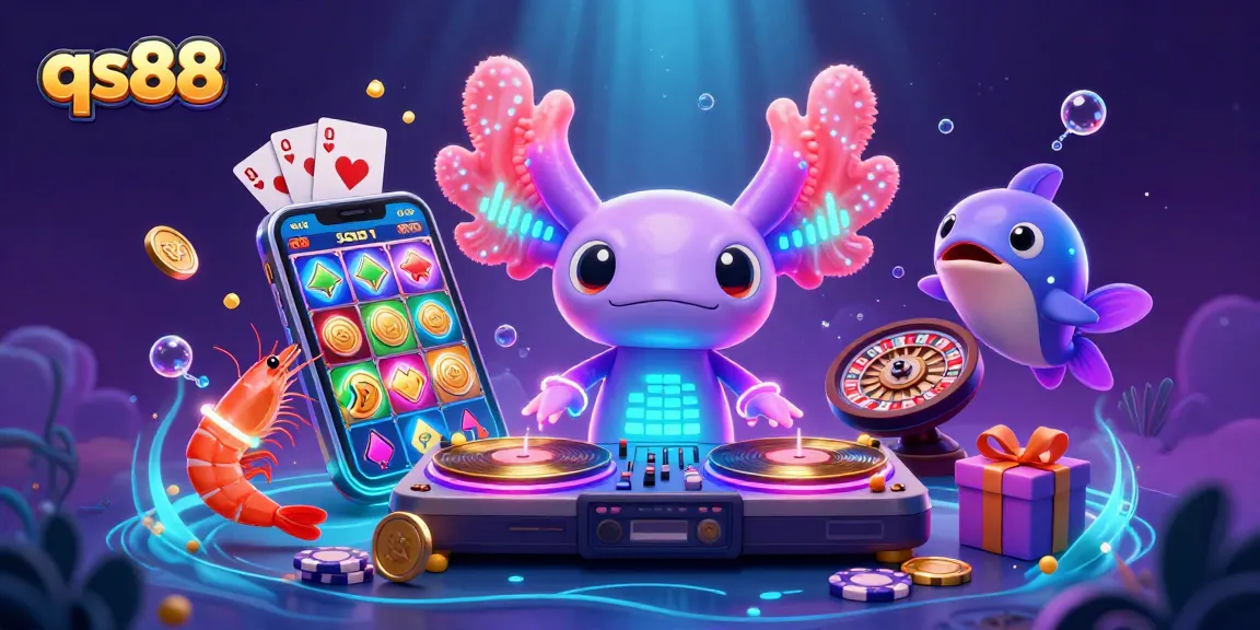 Engage with the vibrant qs88 casino experience featuring an axolotl DJ spinning golden records amidst dynamic game elements.