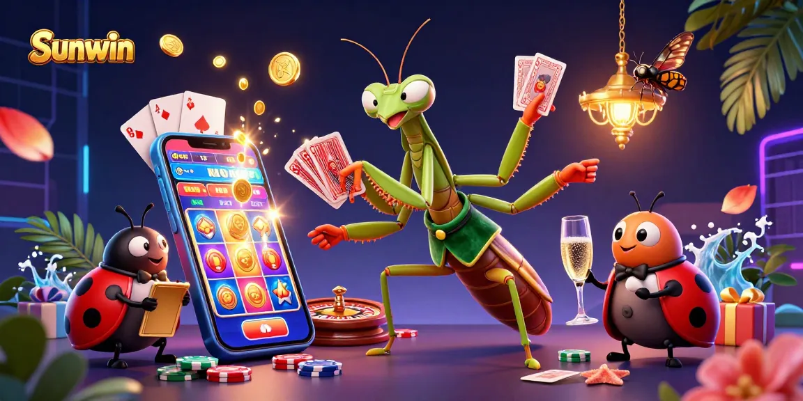 Engage with thrilling Sunwin slot games as the giant mantis dealer showcases vibrant gambling action.
