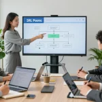 Discuție profesională despre înființarea SRL în birou modern, echipă concentrată.
