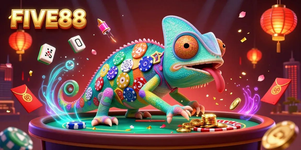 Engage in immersive gaming at FIVE88 with vibrant casino elements and dynamic chameleon character.