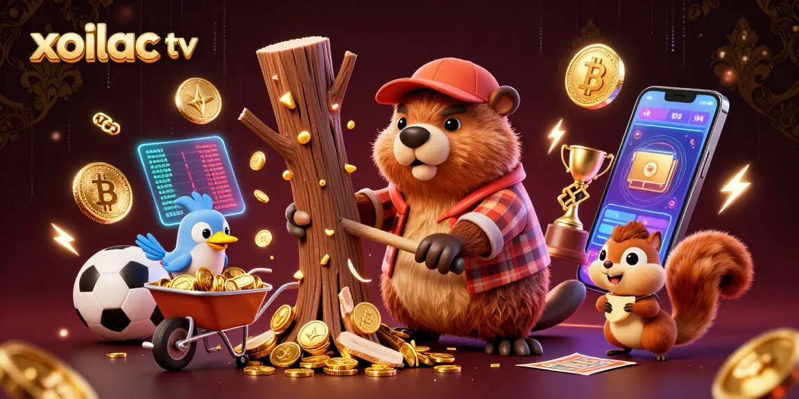Xoilac TV enhances live sports betting with energetic 3D characters gathering gold coins and trophies.