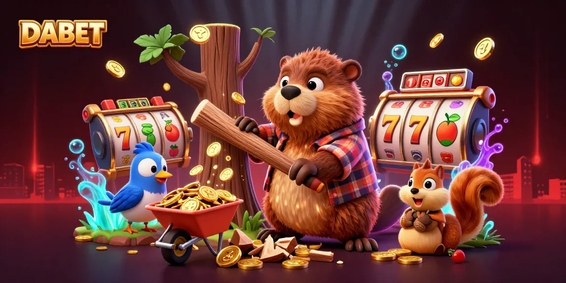 DABET showcases a vibrant slot gaming scene with lively cartoon characters and cascading golden coins.