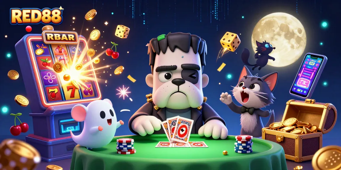 Join the fun with RED88 as the Frankenstein bulldog deals cards in this thrilling casino scene.