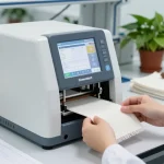 Technician demonstrating the elmendorf tear test procedure in a modern textile lab, showcasing high-tech testing equipment.