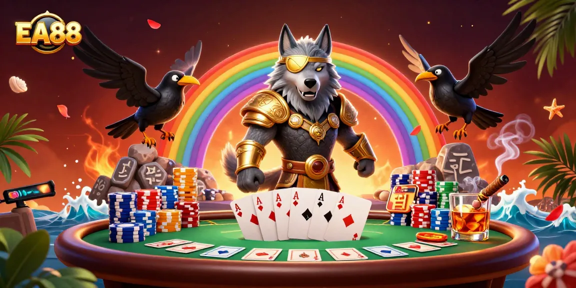 Experience thrilling gameplay at EA88 with Odin and ravens in a vibrant casino chip scene.