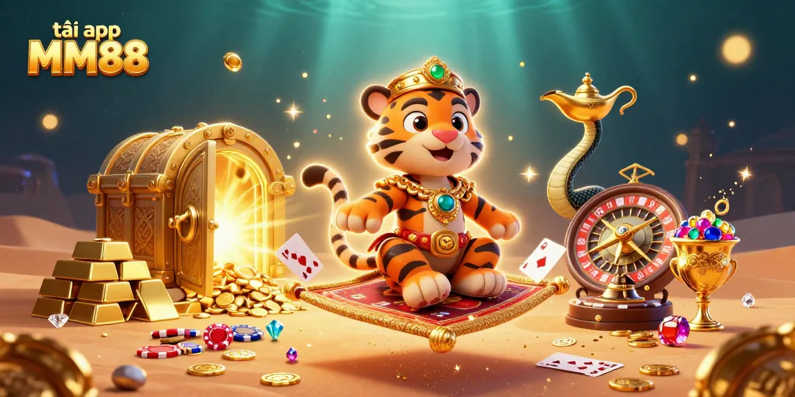 Experience the excitement of tải app MM88 with a vibrant casino scene of a sultan, roulette wheel, and treasure.