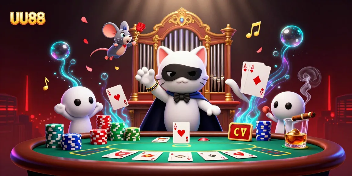 Engage with UU88's vibrant poker scene featuring a masked cat at an ornate organ.