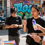 Custom keychains displayed in an urban marketplace with vibrant designs and engaging customer interactions.