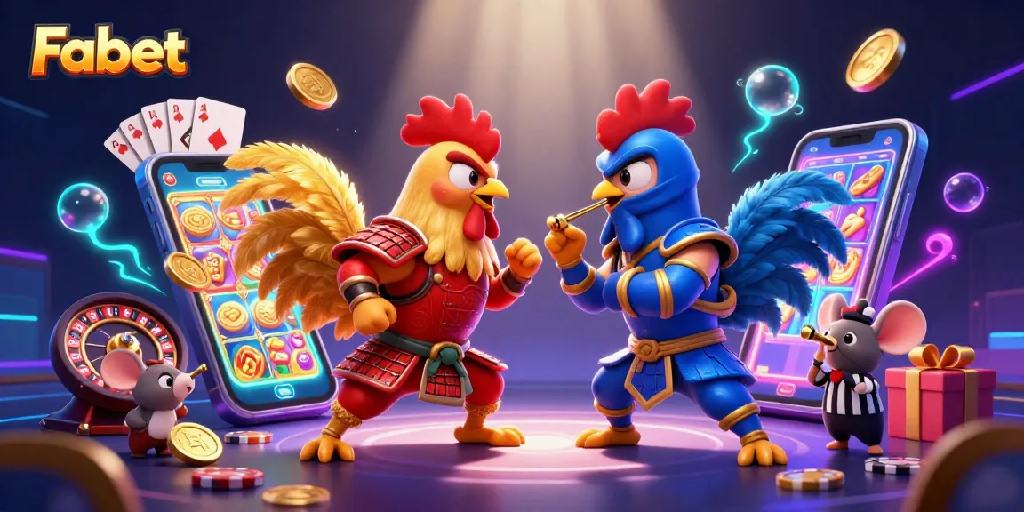 Experience the thrill of Fabet with dynamic battling roosters amidst colorful casino elements.