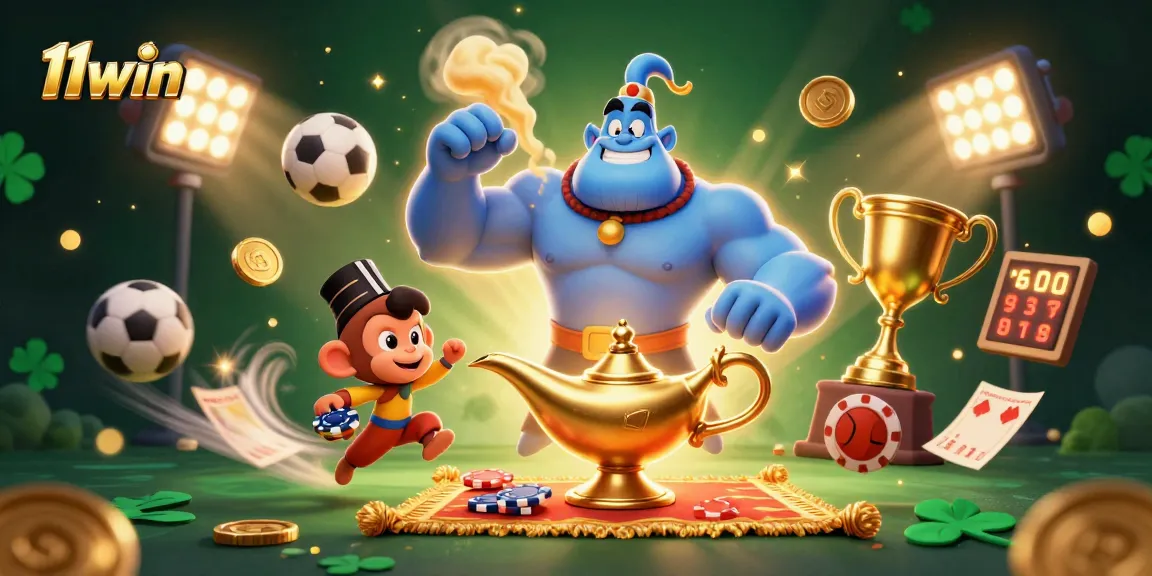 Experience the magic of 11win with a dynamic casino illustration featuring a genie and sports elements.