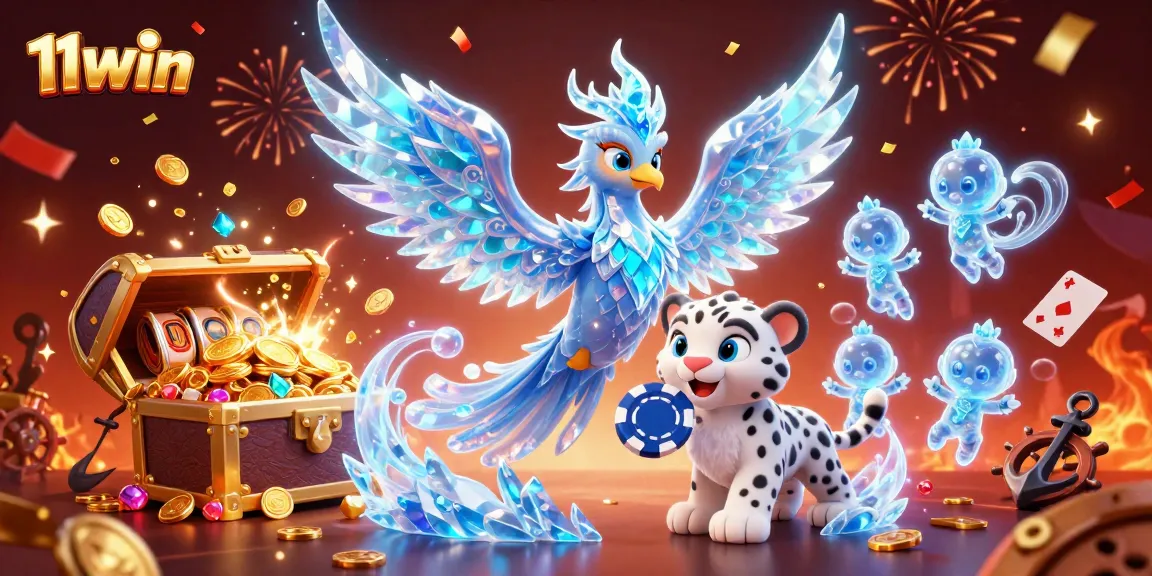 Experience winning with 11win's vibrant 3D casino scene featuring a phoenix and poker chip.