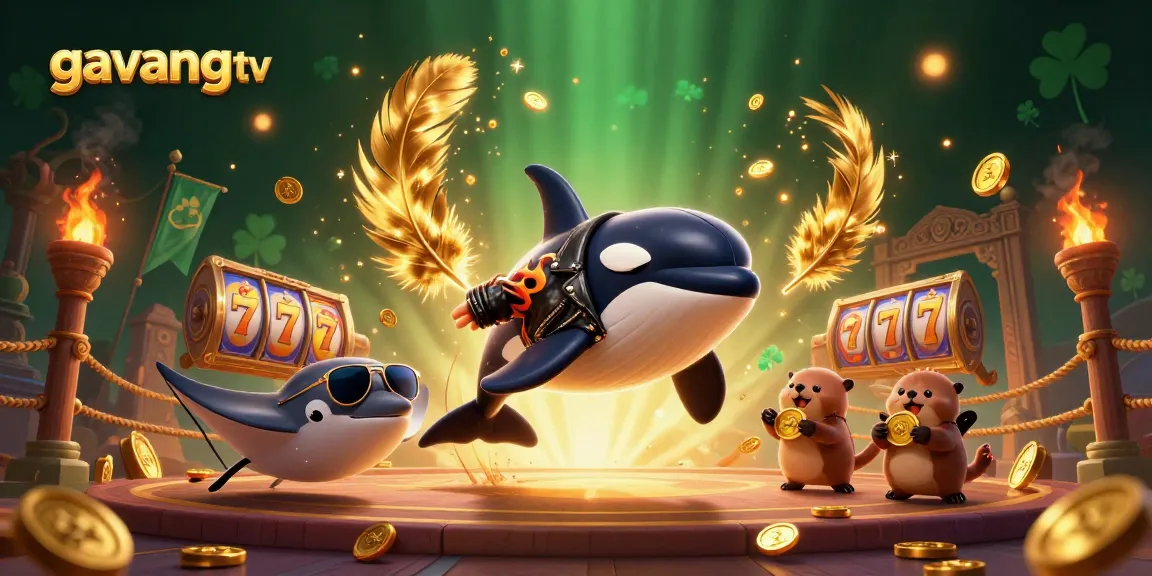 Experience the thrill of gambling with gavangtv's dynamic casino scene featuring playful marine characters.