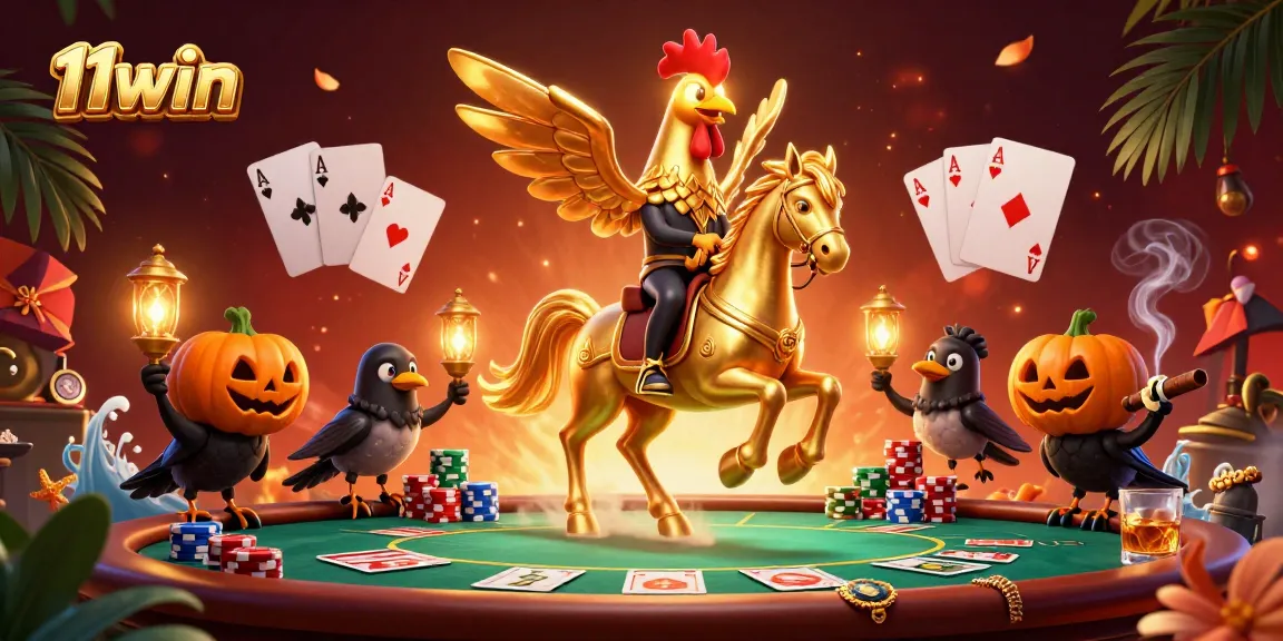 Win big with 11win at the casino showcasing a golden rooster and poker elements.