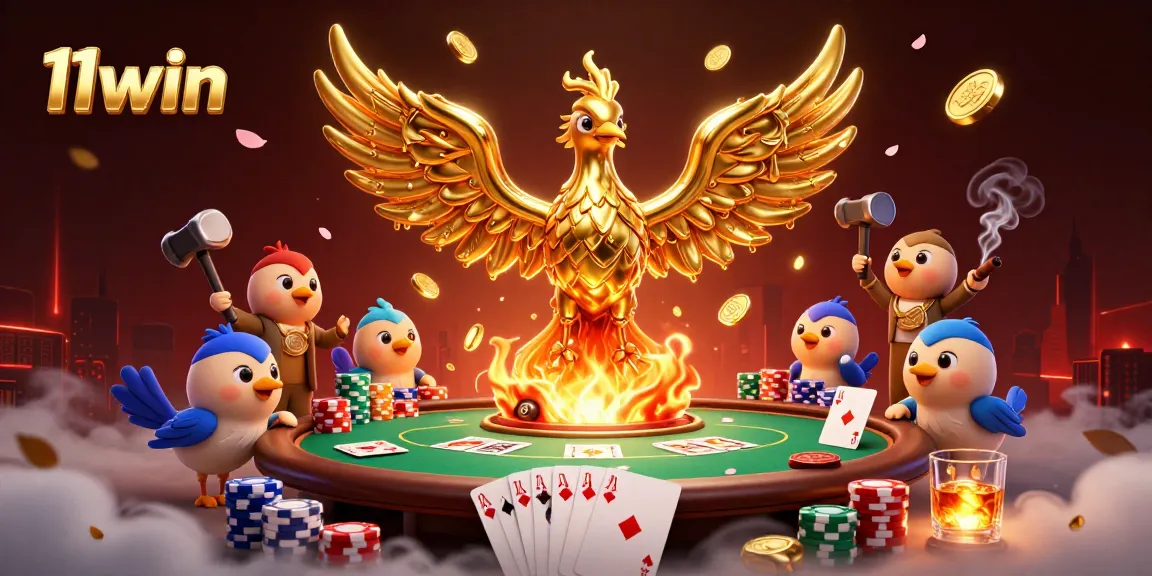 Visualize the action at 11win with a molten golden phoenix soaring over poker elements and rich casino atmosphere.