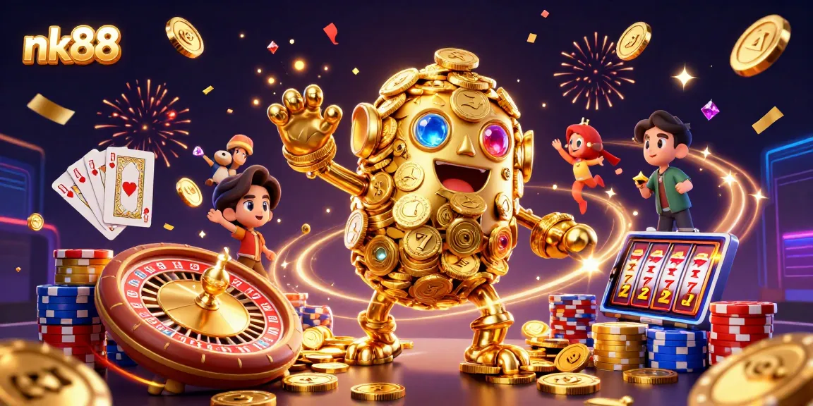 Join the excitement at nk88 with a dynamic golem amidst flying coins and vibrant casino elements.