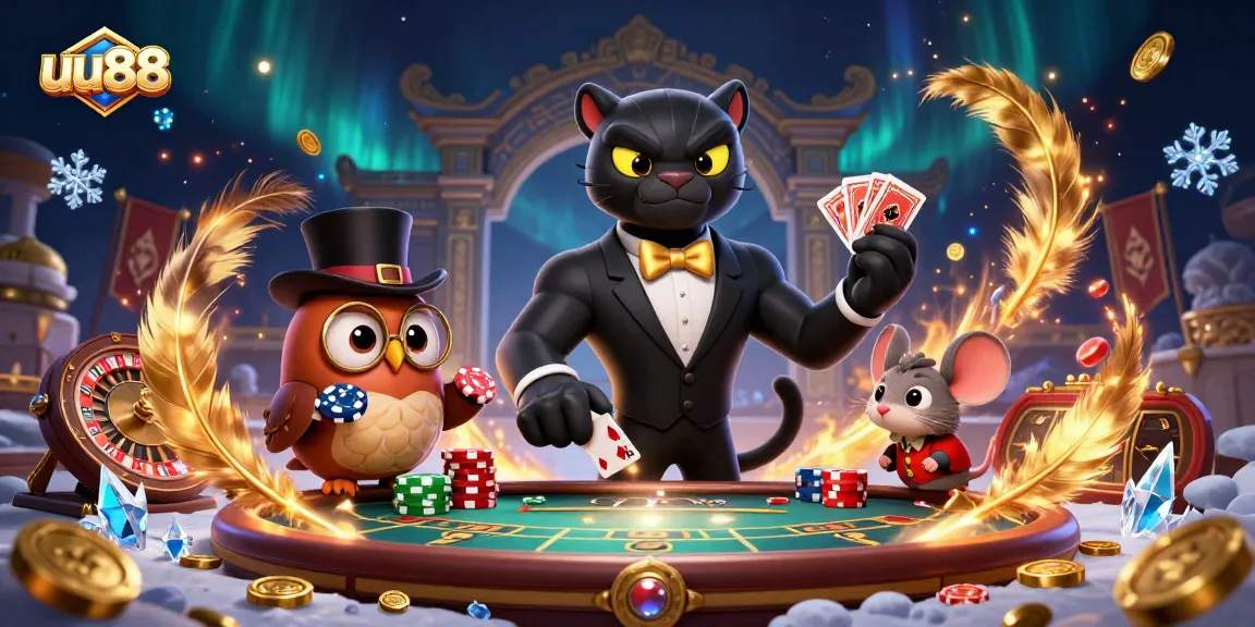uu88 offers an engaging card game scene with stylish characters and casino elements.