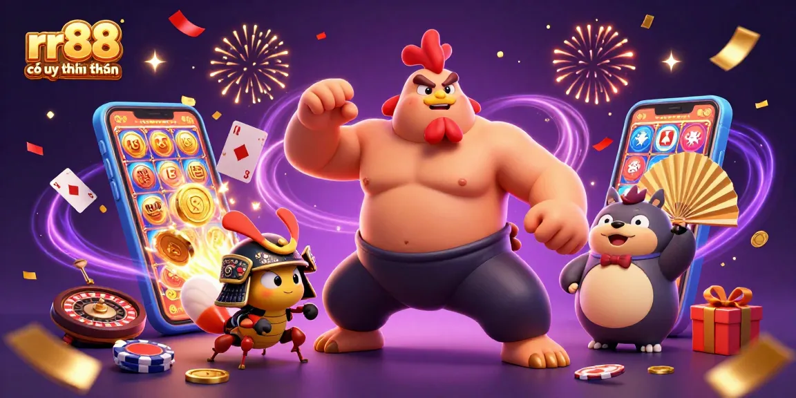 Experience the excitement of rr88 có uy tín không with vibrant illustrations of gaming characters and casino elements.