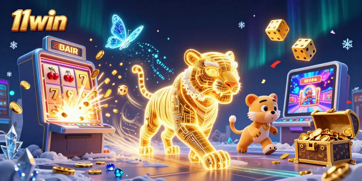 Experience thrilling wins at 11win with neon-wireframe tiger amidst a digital casino landscape.