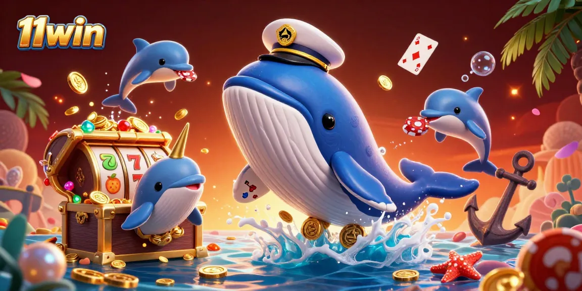 Experience the excitement of 11win with a colorful scene of playful whales and poker chips.