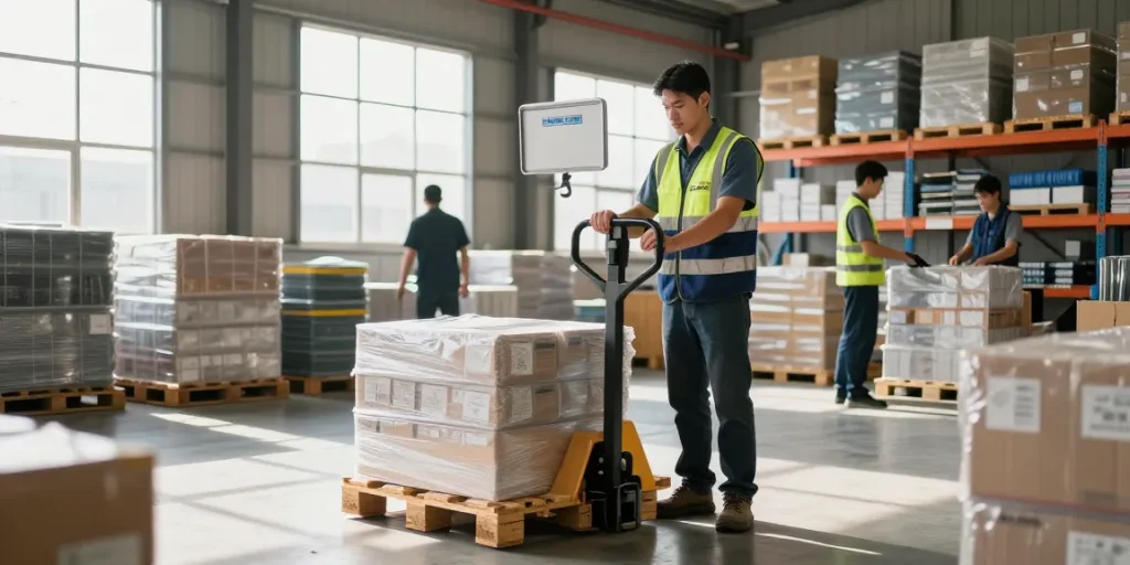 Operator using a manual pallet truck with scale in a modern warehouse setting for efficient inventory management.