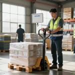 Operator using a manual pallet truck with scale in a modern warehouse setting for efficient inventory management.