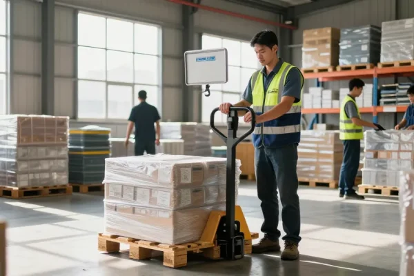 Operator using a manual pallet truck with scale in a modern warehouse setting for efficient inventory management.