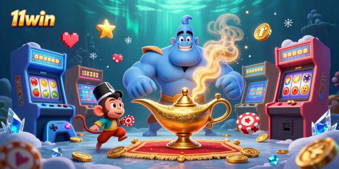 Experience the magic of 11win with a vibrant casino scene featuring a cartoon genie and casino games.