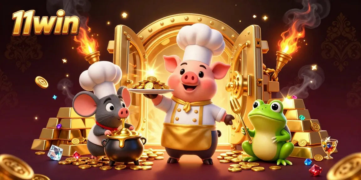 Experience 11win's vibrant casino scene with a chef pig, wealth, and jewels showcased.